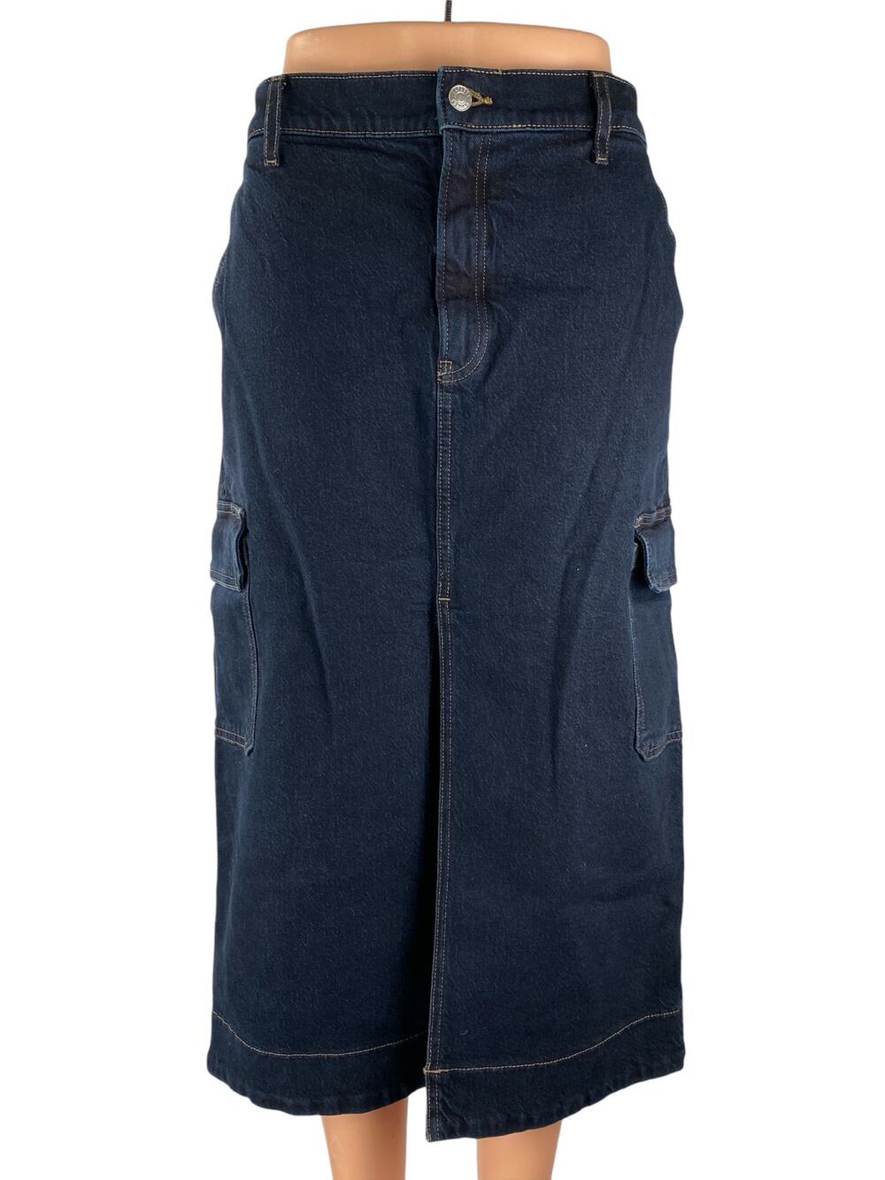 Express Blue High Waisted Front Slit Midi Cargo A-line Denim Jeans Skirt Size 12